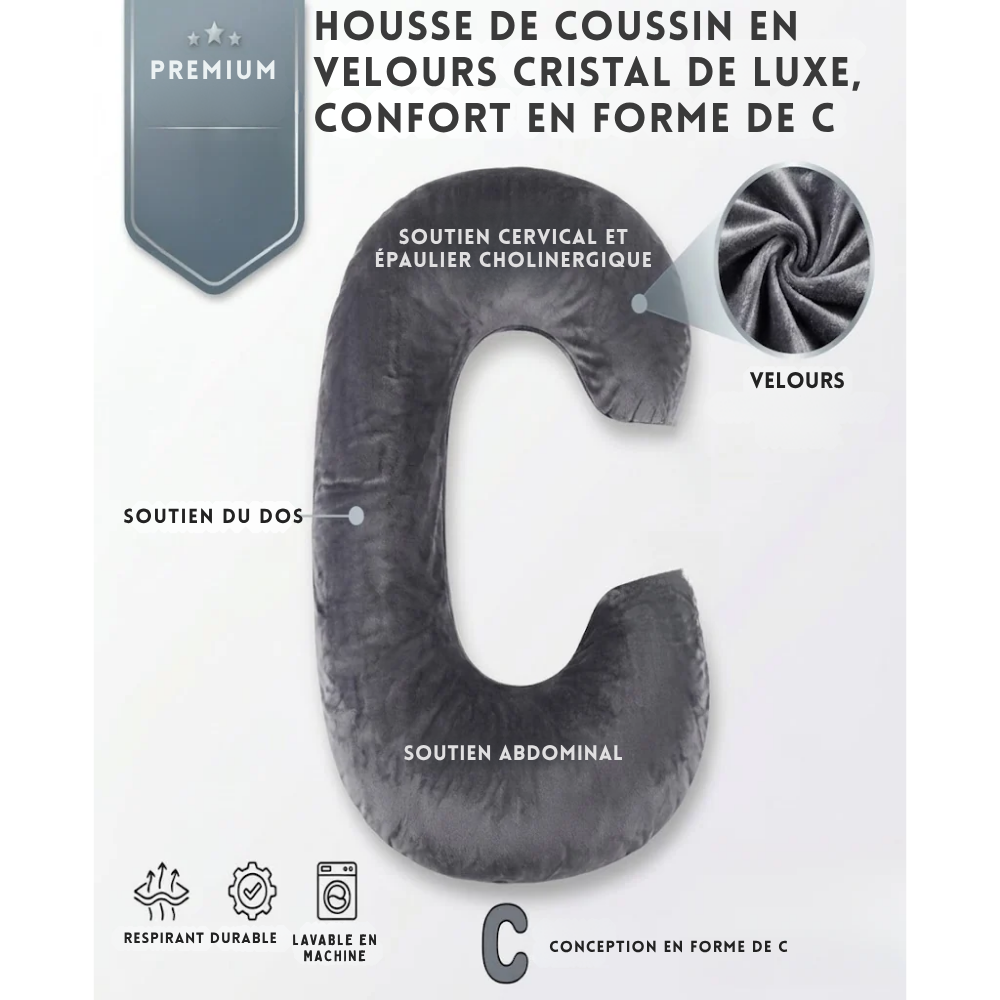 Housse de coussin de grossesse C-Pillow en velours cristal - Gris Foncé