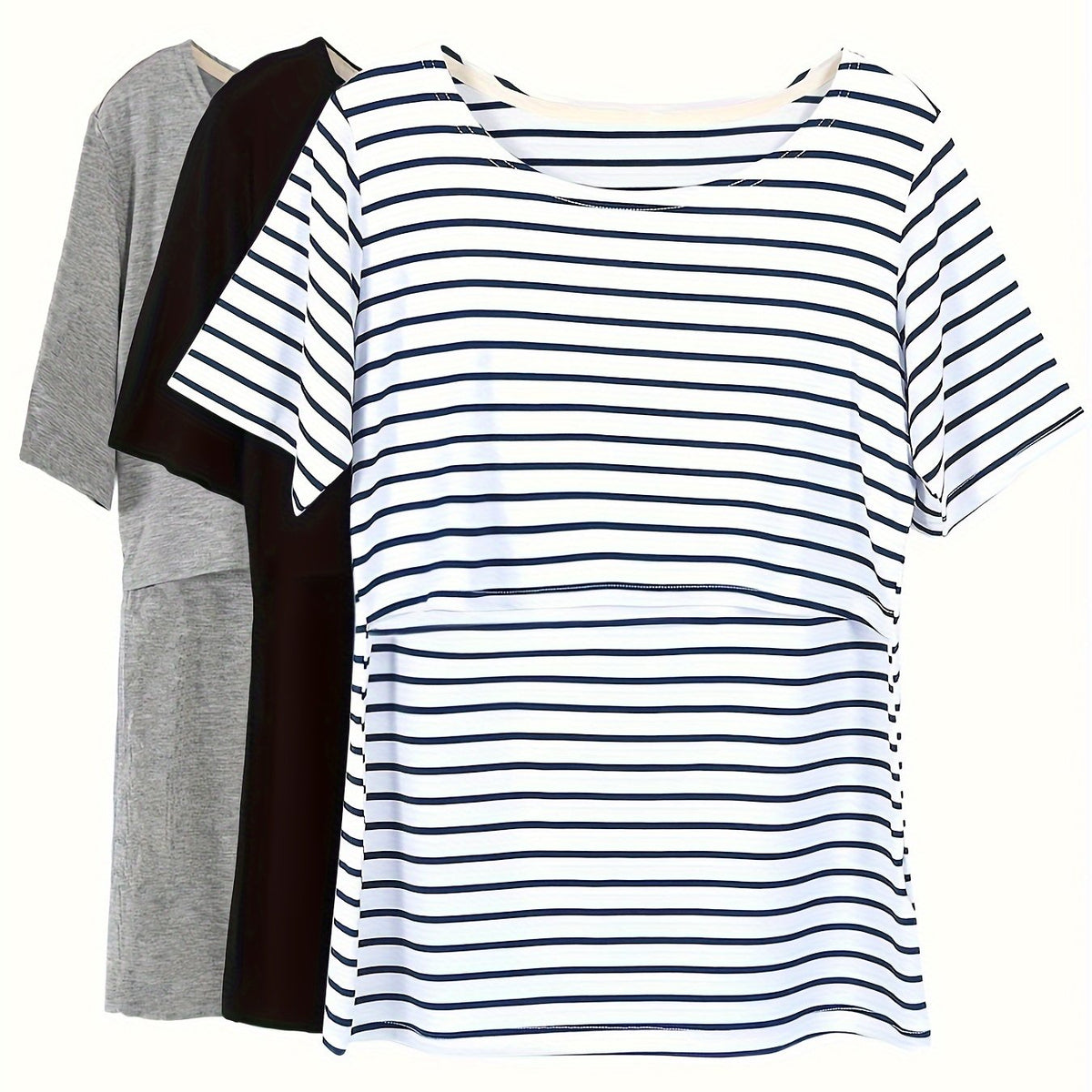 T-Shirt de Maternité Manches Courtes, 3 Pièces - Rayé-Noir-Gris / S
