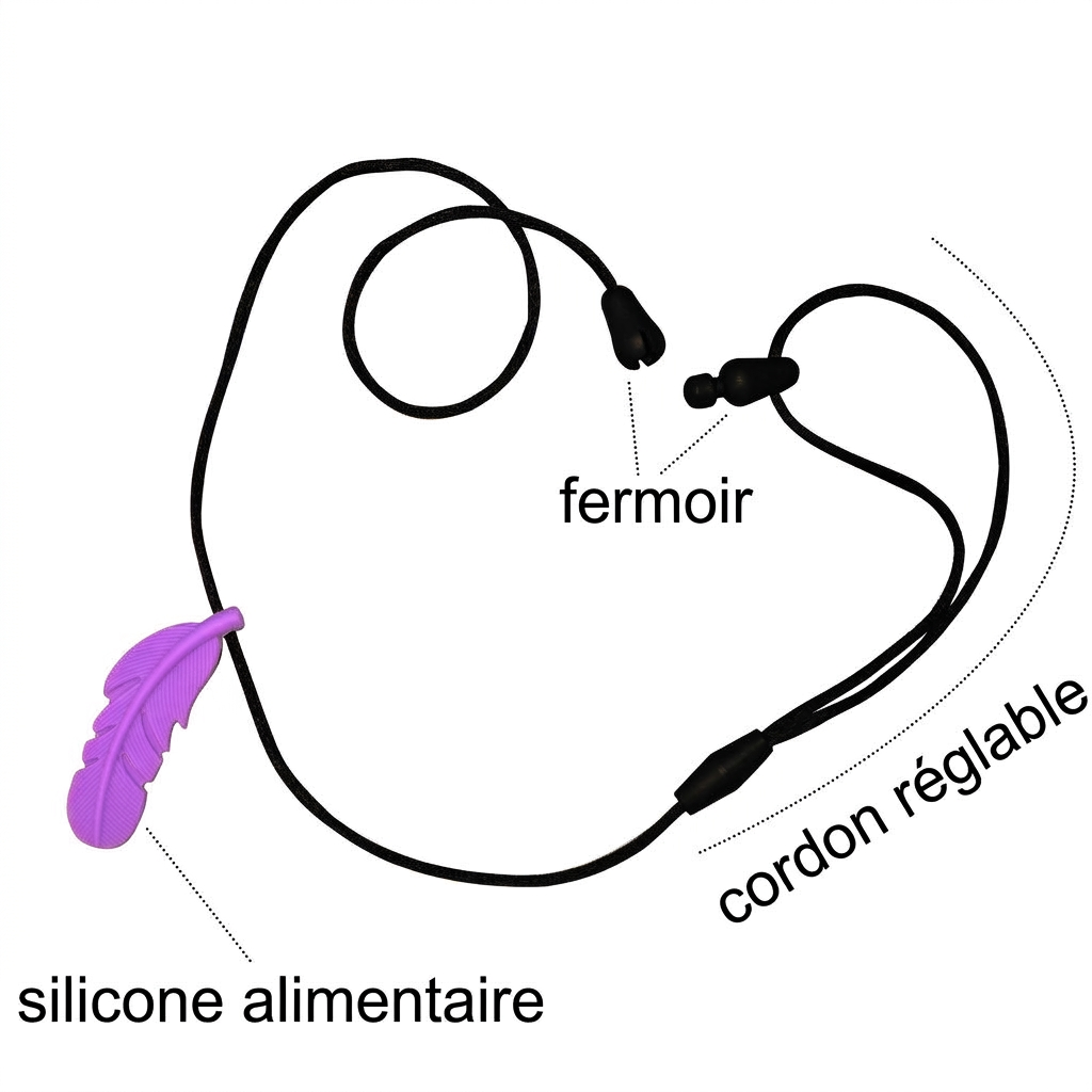 Cordon réglable et fermoir du collier d'allaitement plume en silicone alimentaire – version française