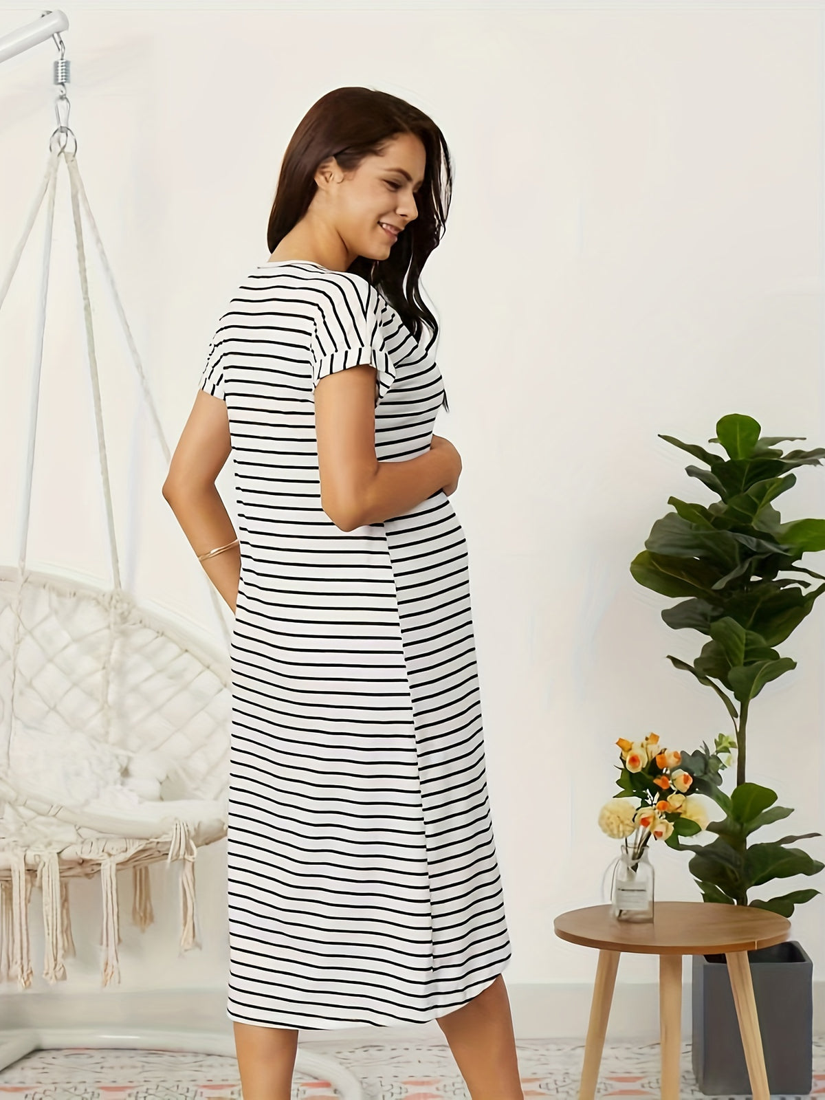 Robe d'Allaitement Rayée à Manches Courtes, Coupe A-line - visuel 2