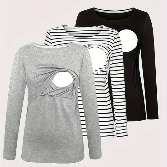 Ensemble 3 Pièces T-Shirt Manches Longues Grossesse & Allaitement - Gris clair-Noir-Rayé / S