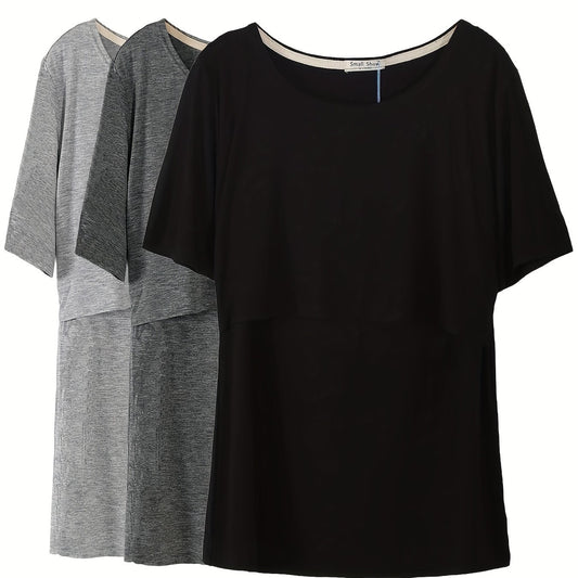 T-Shirt de Maternité Manches Courtes, 3 Pièces - Noir-Gris-Gris Foncé / S