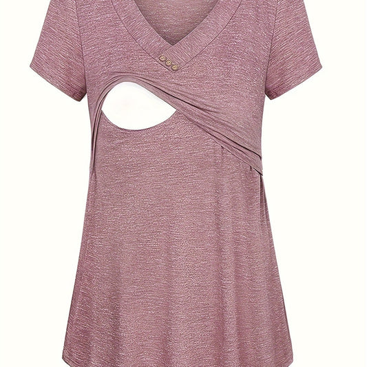 Top Maternité Allaitement à Boutons - Manches Courtes - Rose / S