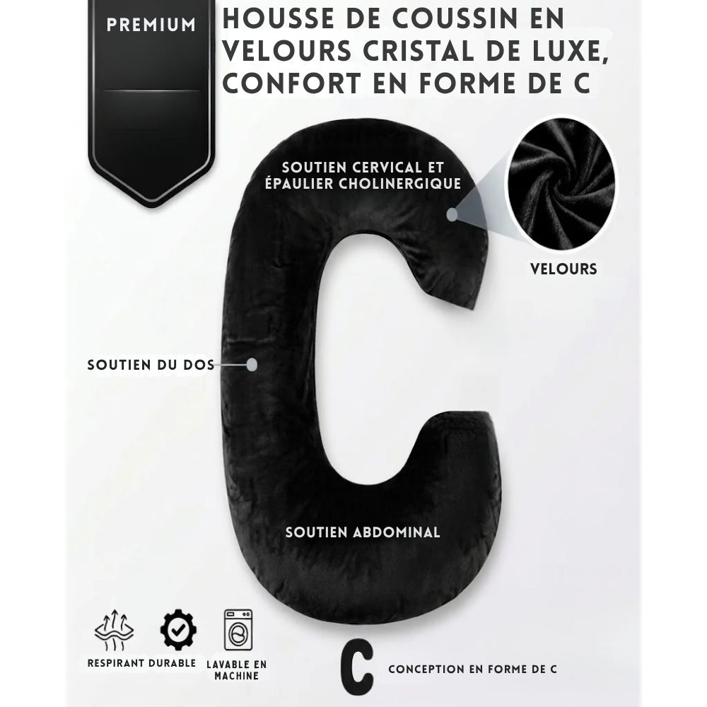 Housse de coussin de grossesse C-Pillow en velours cristal - Noir