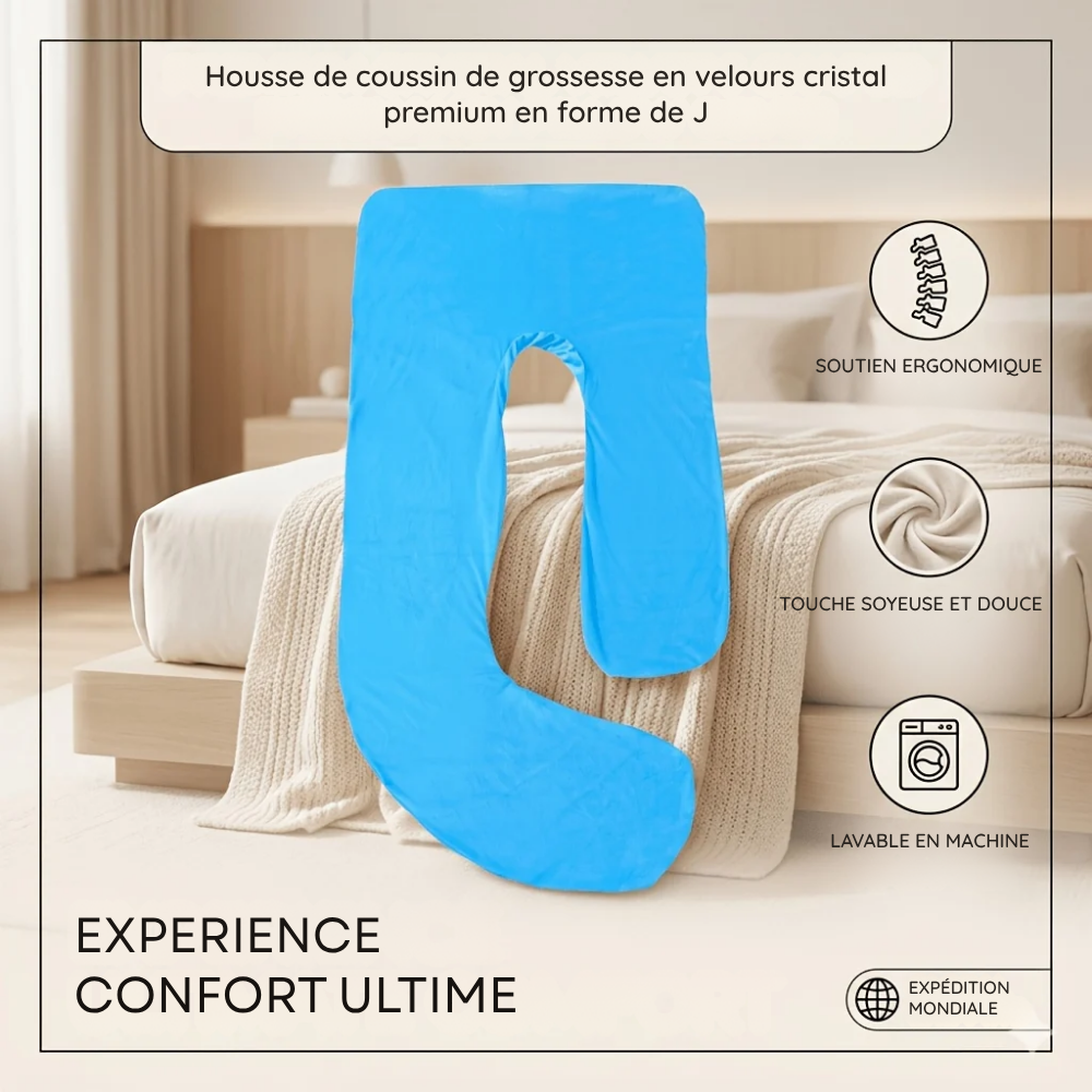 Housse d'oreiller de grossesse en J en velours cristal doux - Bleu