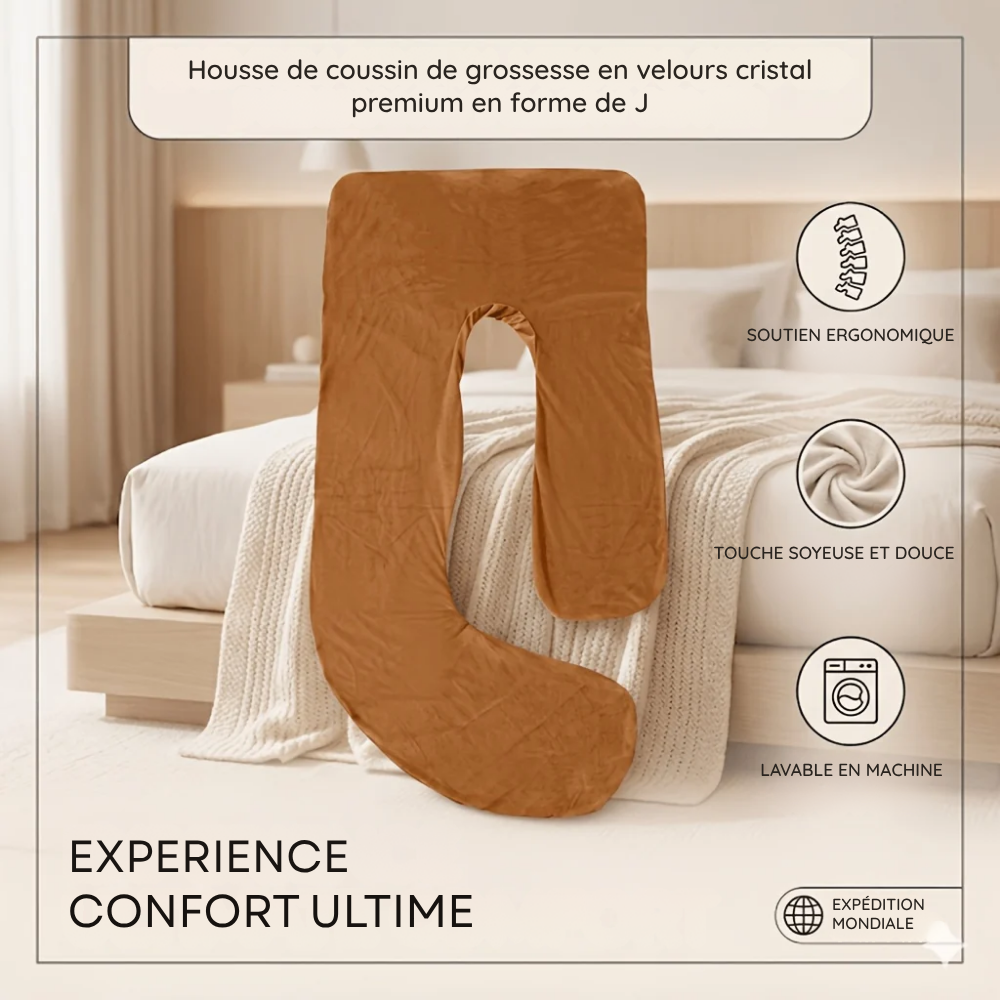 Housse d'oreiller de grossesse en J en velours cristal doux - Café