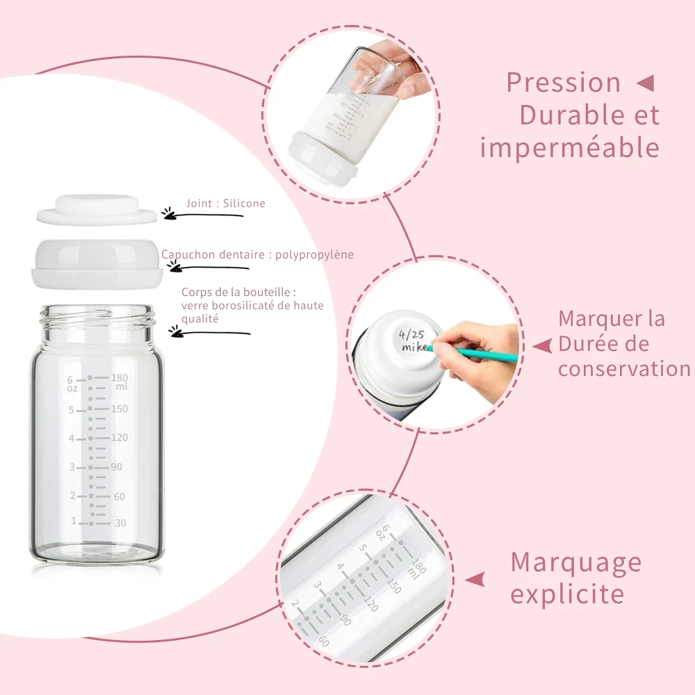 Lot de 2 Bouteilles de Conservation du Lait Maternel en Verre 180ml - visuel 3