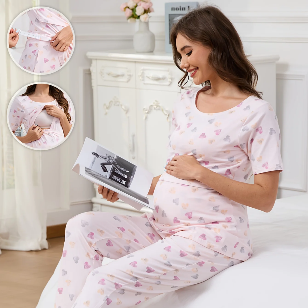Ensemble d'allaitement 2 pièces - Haut + pantalon taille haute - Coeur rose / S