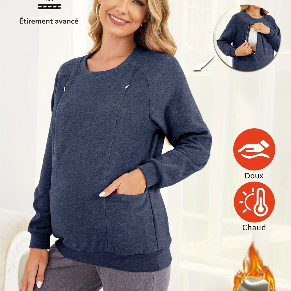 Pull Maternité Épaissi Col Rond avec Poches - Automne Hiver - Bleu / S