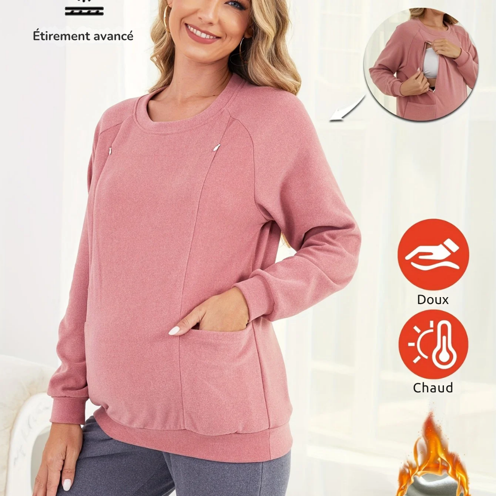 Pull Maternité Épaissi Col Rond avec Poches - Automne Hiver - Pêche / S