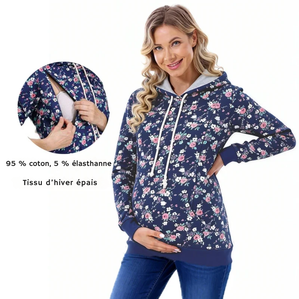 Sweat à Capuche Maternité Chaud Manches Longues Automne-Hiver - Fleurs / XS