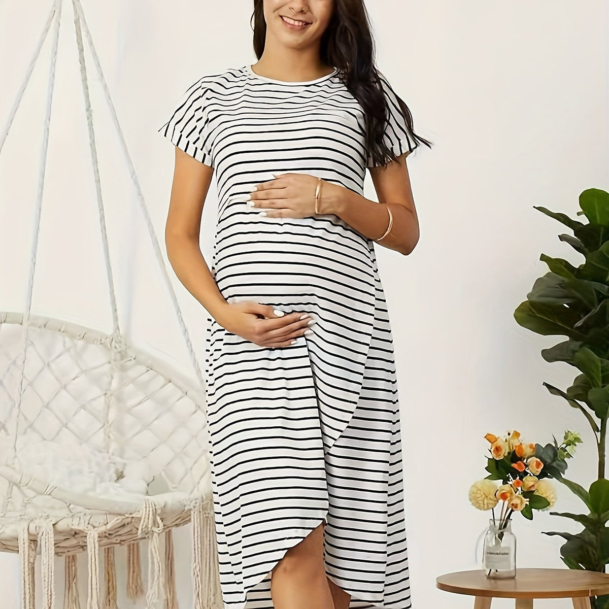 Robe d'Allaitement Rayée à Manches Courtes, Coupe A-line - Blanc / XS
