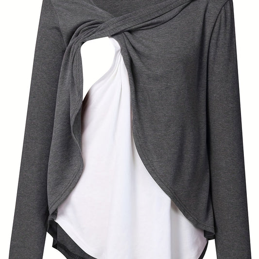Tenue de Grossesse Automne, Haut d'Allaitement Deux Pièces - Gris / S