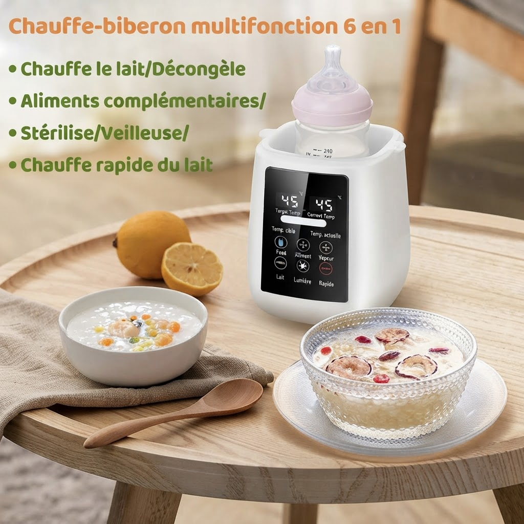 Chauffe-biberon multifonction 6 en 1, chauffe le lait, decongele, alimente, sterilise, veilleuse