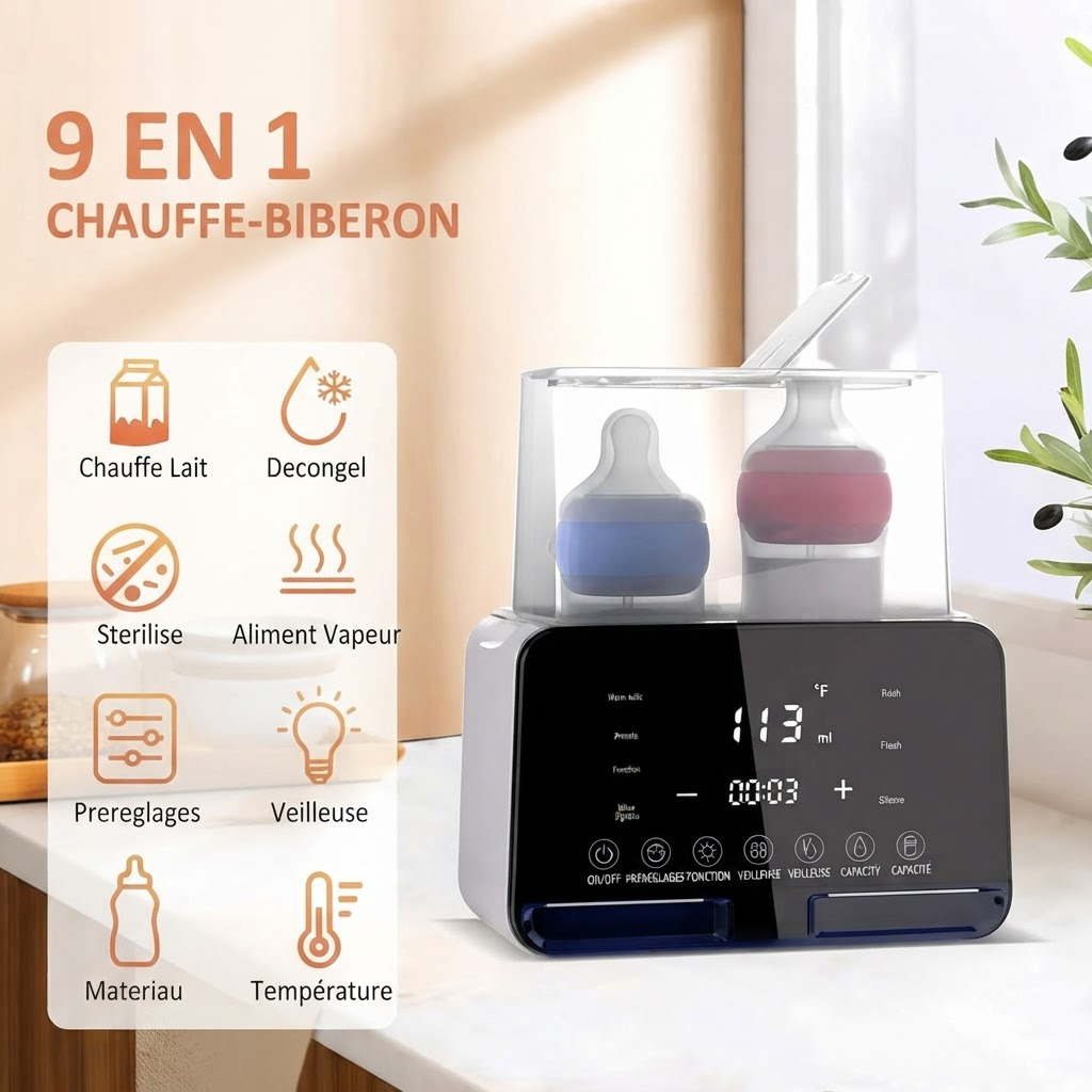 9 en 1 Chauffe-Biberon, icones Chauffe Lait, Decongel, Sterilise, Aliment Vapeur, Prereglages, Veilleuse