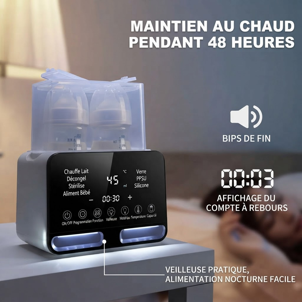Chauffe-Biberon - Maintien au Chaud pendant 48 Heures, Bips de Fin, Affichage du Compte a Rebours, Veilleuse Pratique FR