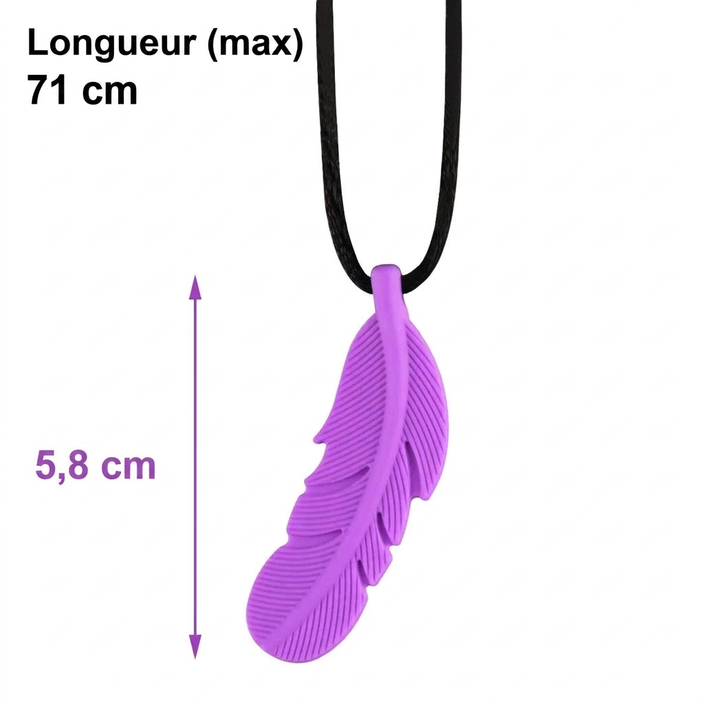 Dimensions du collier d'allaitement plume : pendentif 5,8 cm, tour de cou 71 cm maximum – version française